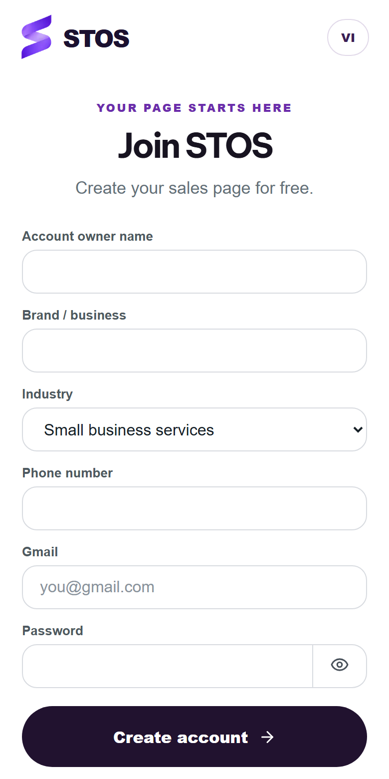 Screenshot of the STOS sign-up page